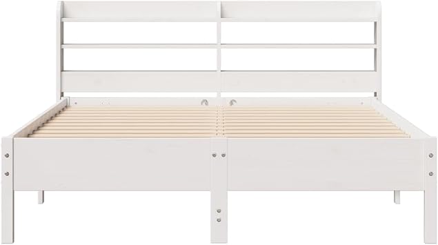 King Size Bed Frame White 150x200 cm Solid Pine Daybed 218x160x82 cm with Headboard Storage Shelves Modern Wood Structure for Bedroom