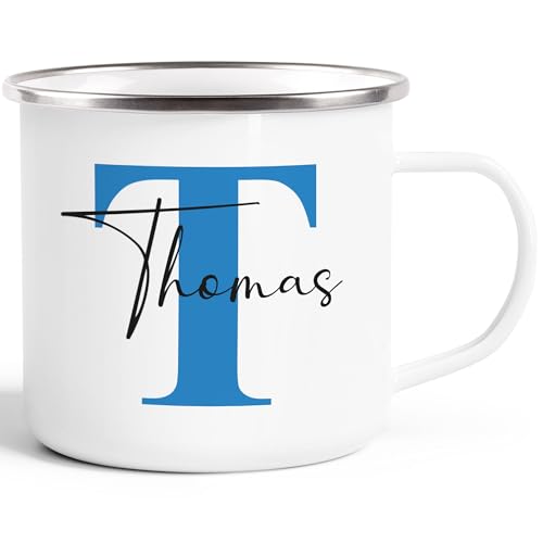 SpecialMe® Emaille-Tasse mit Namen Buchstabe Emaille-Becher Monogramm Initiale personalisierte Geschenke Namensaufdruck Weiss-metall… – Ansicht 1