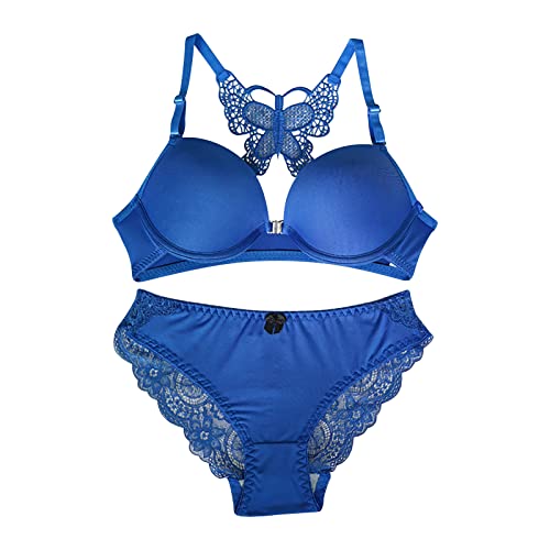 Women Underwire Push Up Bra Front Closure Lace Butterfly Removable Shoulder Strap Daily Bra Two Piece Set with Panty Blue