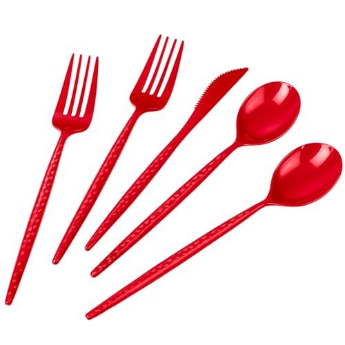 LIYH 150 Pcs Red Plastic Cutlery Sets - Red Plastic Silverware Heavyduty Disposable Utensil Sets,50 of Each Forks,Knives & Spoons Flatware Set for Party Birthday Mothers Day