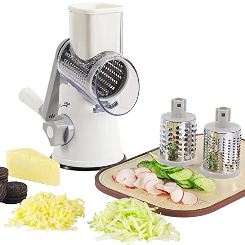 EDEFISY Rotary Cheese Grater - 3-in-1 Stainless Steel Manual Drum Slicer, Rotary Graters for Kitchen, Food Shredder for Vegatables, Nuts and Chocolate (white)