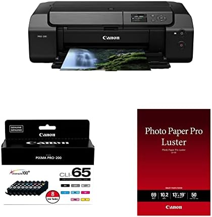Canon PIXMA PRO-200 Wireless Professional Color Photo Printer & Layout Software and Mobile Device Printing, Black & CLI-65 Eight Color PK & LU-101 13X19(50) Luster Photo Paper, 13" x 19" (50 Sheets)