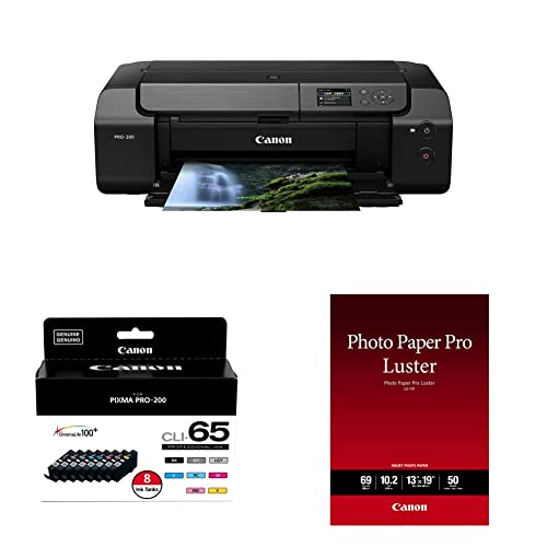 Canon Pixma Pro-200 Wireless Professional Color Photo Printer & Layout Software And Mobile Device Printing, Black & Cli-65 Eight Color Pk & Lu-101 13X19(50) Luster Photo Paper, 13" X 19" (50 Sheets) #TOP25