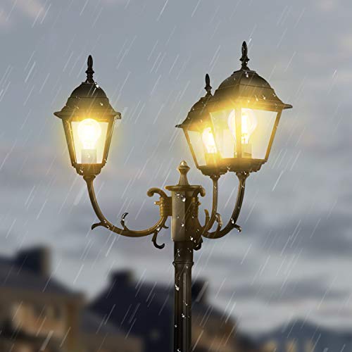 CINOTON Outdoor Lamp Post Light Surface-Mount, Waterproof Outdoor Street Light with Triple-Head, Landscape Post Lighting for Backyard, Patio, Garden|Black Light Pole with Clear Glass Panels