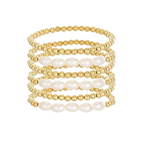ZZ ZINFANDEL Gold Pearl Beaded Enewton Bracelets for Women,Gold Pearl Stackable Stretch Bead Ball Bracelet,Adjustable Layered Pearl Bracelet Sets (6PCS)