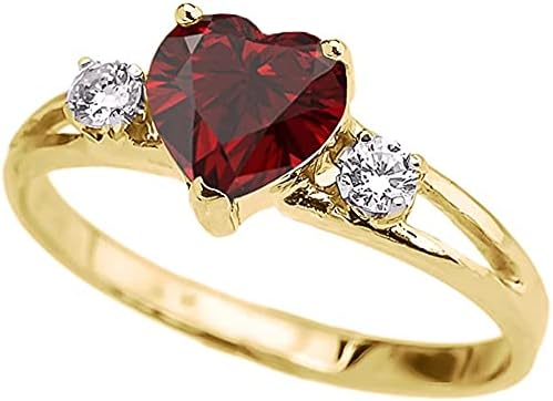 14k Yellow Gold Heart Shape Garnet & White Topaz Split Shank Three Stone Ring - Size 9