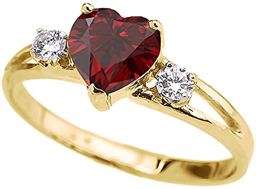 14K Yellow Gold Heart Shape Garnet & White Topaz Split Shank Three Stone Ring - Size 9 #TOP20