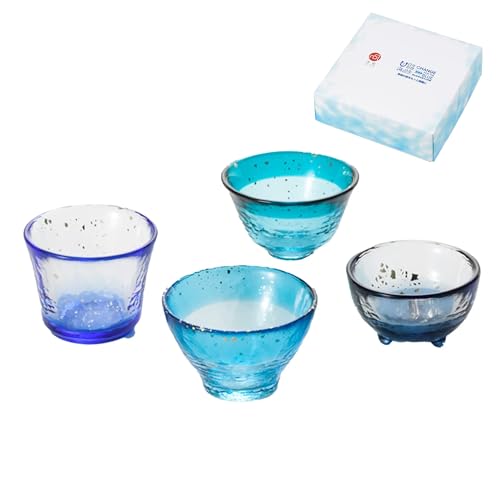 Tsugaru Vidro Handcrafted Mini Glass Set Elegant Japanese Sake Cups Perfect for Any Occasion Made in Japan (Four Ocean Blues (4 pcs), Sake Glass (1.7-2.9 fl oz))