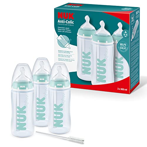 NUK First Choice+ Anti-Colic Professional Babyflaschen-Set | 0–6 Monate | Temperature Control | 300 ml | BPA-frei | Silikon-Trinksauger | Blau | 3 Stück