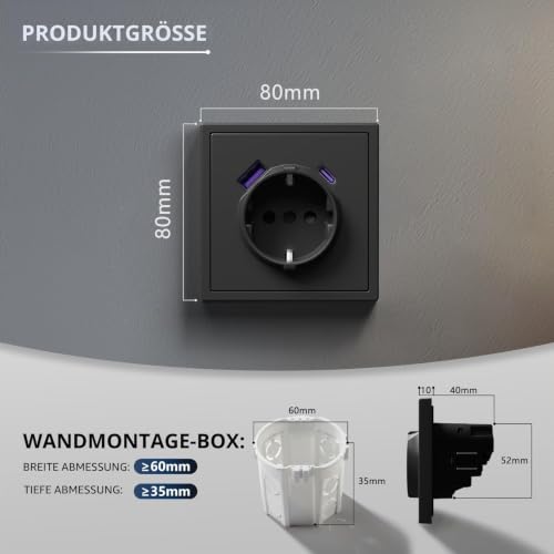 BSEED Schuko Steckdose Unterputz mit USB C 20W, Wandsteckdose 16Amp mit PC Rahmen, Einzelsteckdose mit Krallen, 1 Fach Schwarz – Ansicht 2