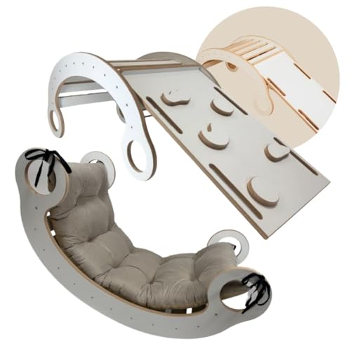 Montessori Rocker Pikler Kletterbogen mit rutsche Kinder Baby Regenbogenwippe Bogenwippe mit weichem beigem Kissen Rutsche Kletterwand Gleichgewichtstraining Kletterleiterbogen Holzwippe zum Klettern