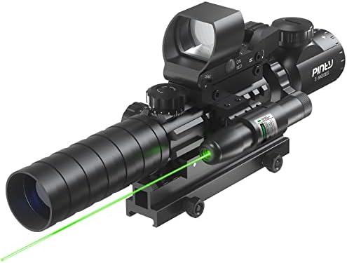 Pinty 4-in-1 Rifle Scope Combo, 3-9x32 Rangefinder Scope, Red & Green Dot Sight, Green Laser, 14 Slots Riser