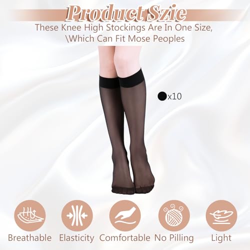 10 Pairs Knee High Stockings for Women, 18 Denier Sheer Socks with Reinforced Toe Trouser Socks One Size3