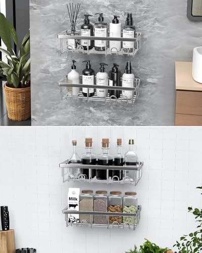 AceMining Estanteria Baño, 3 Pack Plateado Organizador Pared, Estanteria Baño Ssin taladro Adhesivo, Estante Ducha Almacenaje con Gancho, Organizador Repisas - imagen 8