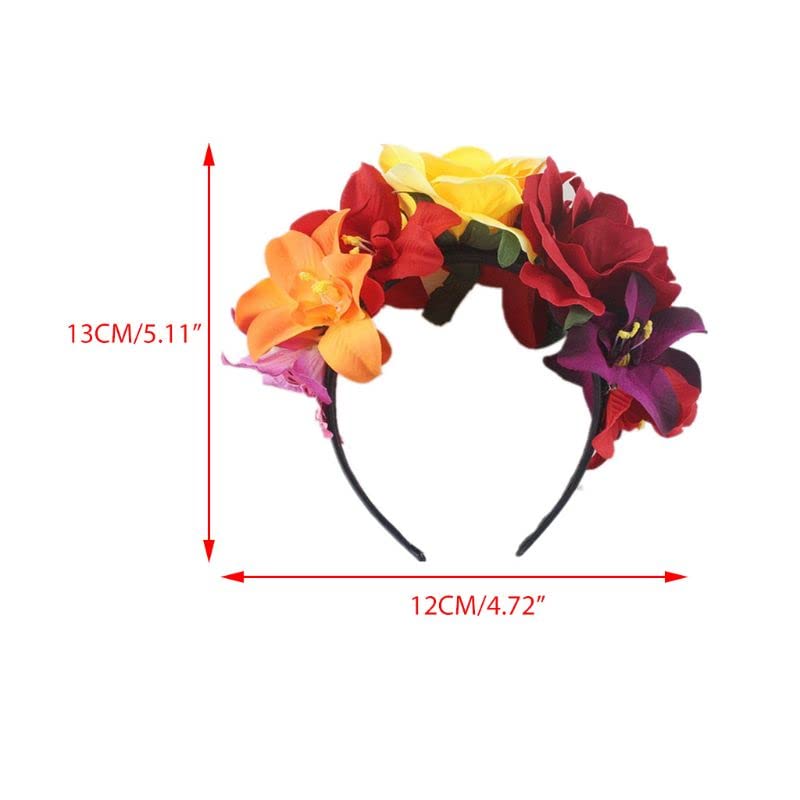 Women Day of The Dead Headband Artificial Rose Flower Crown Mexican Halloween Festival Headpiece Colorful Fake Stamen Party Hair Hoop - Image 2