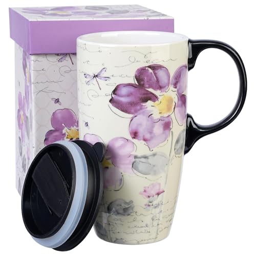 Topadorn Tall Ceramic Travel Mug 17 oz. Coffee Cups Sealed Lid With Color Box (Purple Flower)