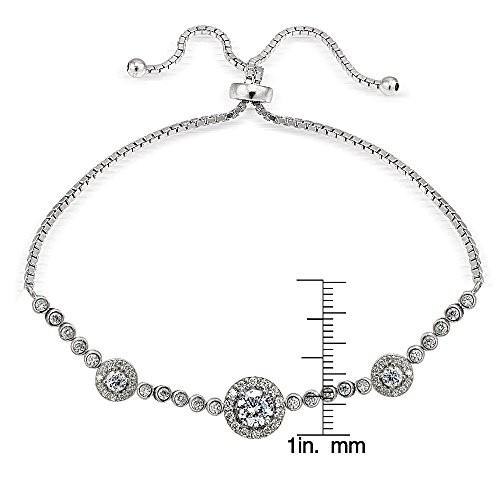 Image of Hoops & Loops Sterling Silver Cubic Zirconia 3-Stone Halo Adjustable Pull String Bracelet
