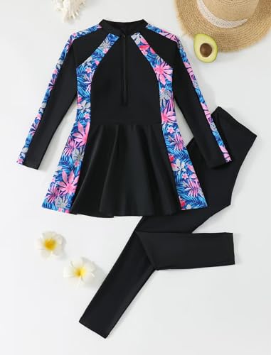Image of FYMNSI Girls Modest Full Coverage Swimsuit Long Sleeve Rash Guard with Pants UPF 50+ Sun Protection Swimwear for Kids 5-14