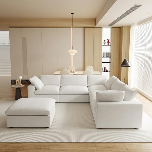 Image of JACH V Shape Cloud Couches for Living Room, Modular Convertible Sectional Sofa Couch, Couch Cushion Covers Removable, Cloud Sofas with Chaise Ottoman for Party Living Room, Bedroom, Apartment (White)