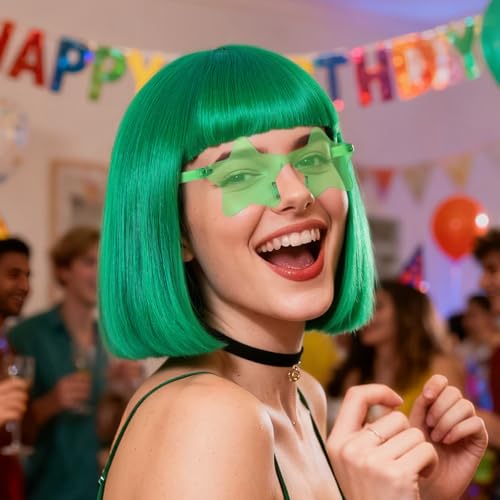 Image of ANOGOL Dark Green Bob Wig with Bangs Green Wigs for Women Colored Wigs | Hair Cap+Sunglasses Short Neon Wig for Bachelorette Party Funny Outfit for Women Halloween Christmas Costume St Patrick Day