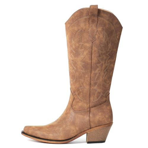 Image of Women's Pointed Toe Mid Calf Cowboy Boots - Cowgirl Boots with Chunky Heel
