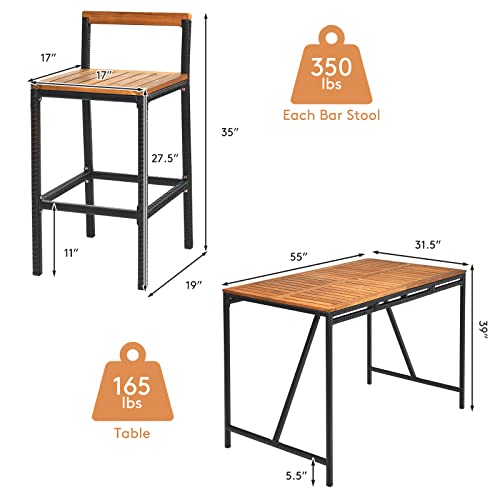 Tangkula 7-Piece Outdoor Acacia Wood Bar Set, Patiojoy Outdoor Rattan High-Dining 6 Bar Stools And 1 Rectangular Table With Umbrella Hole, Outdoor Conversation Set For Patio, Backyard, Garden #TOP4