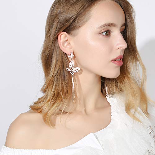Rose Gold Butterfly Light Pink Enameled with Mother of Pearl Dangle Tassel Long Earrings Pierced - Image 3