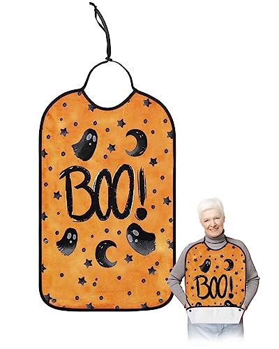 Halloween Boo Adult Bibs for Eating, Waterproof Bibs with Food Catcher & Adjustable Snap Closure, Black Star Polka Dots Ghost Orange Washable Clothing Protectors Adult Bibs for Elderly Women/Men