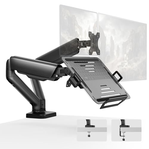 monTEK Laptop Halterung für Bildschirme bis 32 Zoll und Notebooks bis 18 Zoll Dual Monitor Arm mit Verstellbarer Laptop-Halterung trägt bis zu 9 kg Laptop Arm mit Klemme/Durchführungsbasis