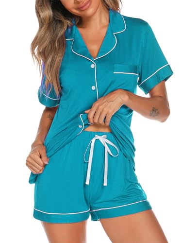 Image of Aamikast Button Up Pajama Set for Women Shorts Short Sleeve Knit Sleepwear 2 Pice Pjs Sets