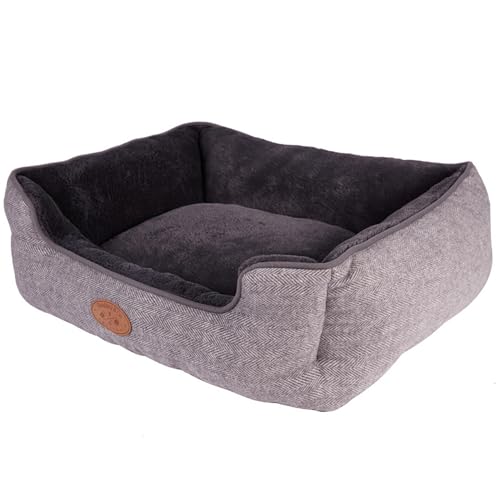 Sofa Dog Beds Banbury & Co Grey Dog Bed, High-Sided Herringbone Pet Sofa, Warm Extra Soft Fleece Inner Machine Washable Luxury Pet Bedding – Medium | L69 x W52 x H24cm