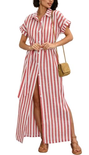 Image of chouyatou Women's Summer Short Sleeve Striped Shirt Dress Beach Maxi Long Belted Casual Button Down Dress