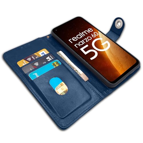 Image of Pikkme Realme Narzo 60 5G Flip Cover Leather Finish | Inside TPU with Card Pockets | Wallet Stand and Shock Proof | Complete Protection Button Flip Case (Blue)