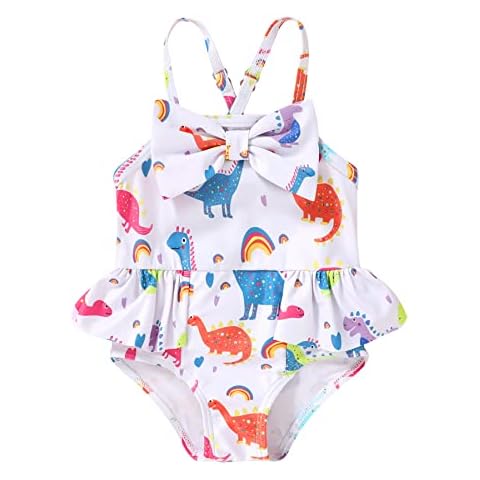 Infant Baby Girl Swimsuit Leopard Backless Swimwear Girl One Piece Halter Ruffle Watermelon Bathing Suit(Dinosaur, 9-12M) Cover