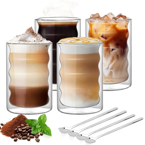 Forbabe 4er Set Latte Macchiato Gläser Doppelwandig 350ml, Spiralförmig Borosilikatglas Tassen Thermogläser Doppelwandig mit 4 Löffeln Kristallklar Kaffeegläser Cappuccino Gläser Espressotassen