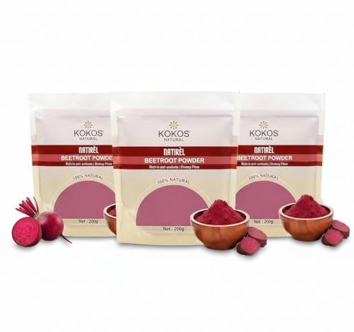 Image of Kokos Natural Beetroot Powder - 200 Gm (Pack of 3) | Natural, Rich in Antioxidants, Improves Blood Flow & Exercise Performance | Use in Soups, Curries, Dips, Smoothies, Pancakes | Natural Food Colour
