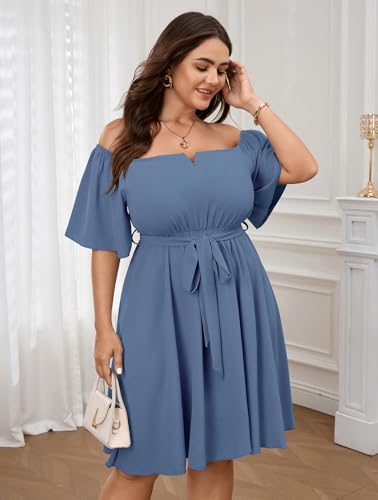 Image of SCOMCHIC Womens Plus Size Cocktail Dress Summer Off Shoulder Short Sleeve Flowy Ruffle A-Line Cute Mini Dress with Belt