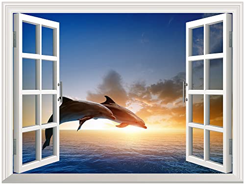 Wall26 Removable Wall Sticker/Wall Mural - Beautiful Couple Jumping Dolphins At Sea Sunset | Creative Window View Home Decor/Wall Decor - 24"X32" #TOP16