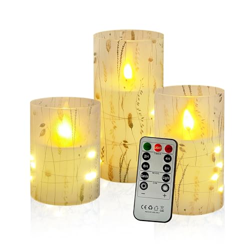 Image of Flickering Flameless Candles Leaf Print, Embedded Star String Lights, Battery Operated Acrylic LED Pillar Candles with 11-Key Remote and Timer for Home Decoration, 3 Pack