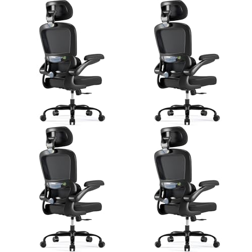 Image of TRALT Ergonomic Office Chair - Desk Chair with Adjustable Headrest Lumbar Support Computer Chair - Mesh Comfy Chair with Flip-up Armrests - Gaming Chair for Adults Home Office PU, Black, Pack of 4