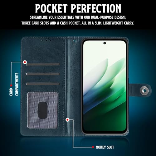 Image of WOW IMAGINE Shock Proof Flip Cover Back Case for Mi Redmi 15 5G (Magnetic Button Flip Case | Wallet Pockets & Stand | Leather Finish | Oxford Blue)