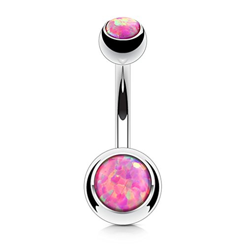 FIFTH CUE Opal Set Double Jeweled 316L Surgical Steel Naval Belly Button Ring (Opal Pink)