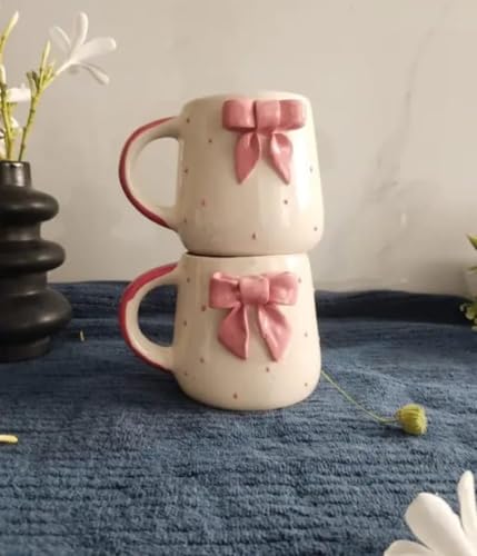 Image of Cute Pink Bow Ceramic Mug for Coffee Tea Milk | 3D Bow Design Gift Mug for Girls Women Kids | Premium Glazed Polka Dot Finish (2)