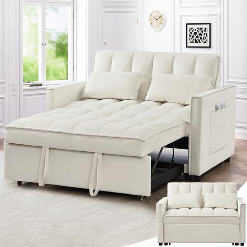 Image of Skepphlay 3 in 1 Convertible Sofa Bed, Loveseat Sleeper Full Size with Adjustable Backrest, Pull Out Couch with Storage Pockets, Modern Recliner for Living Room Apartment Office, White