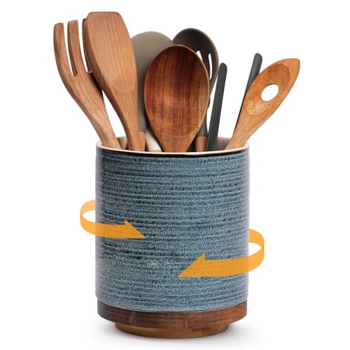 DOWAN 360° Rotating Extra Large Cooking Utensil Holder, 7.6″ Kitchen Utensil Holder for Countertop, Utensil Crock for Farmhouse Kitchen Decor, Ceramic Stable Utensil Caddy, Blue