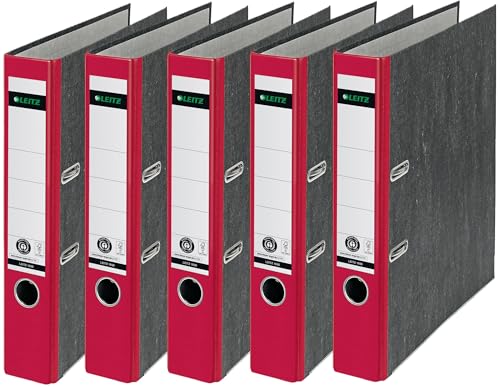 Leitz Qualitäts-Ordner, das Original, DIN A4 Aktenordner 8 cm breit, Wolkenmarmor-Papier, Recycling-Ordner, Blauer Engel, Mit 180° Mechanik, Höchste Stabilität (Schmal, Rot, 5 Stück)