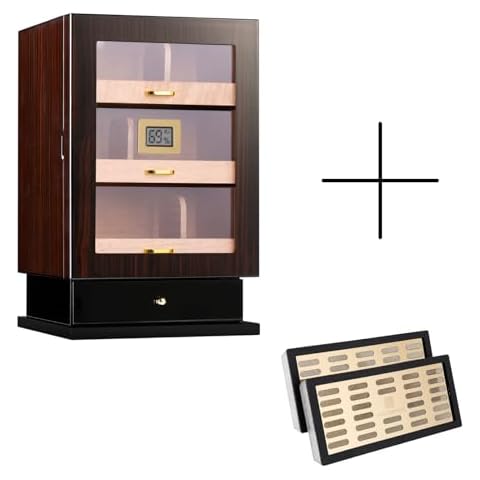 Woodronic Cigar Cabinet Humidor with Extra 2 Crystal Beads Humidifiers for 100-150 Cigars, Accessory Storage Drawer, Digital Hygrometer, Spanish Cedar Lined Cigar Drawers with Dividers Cover