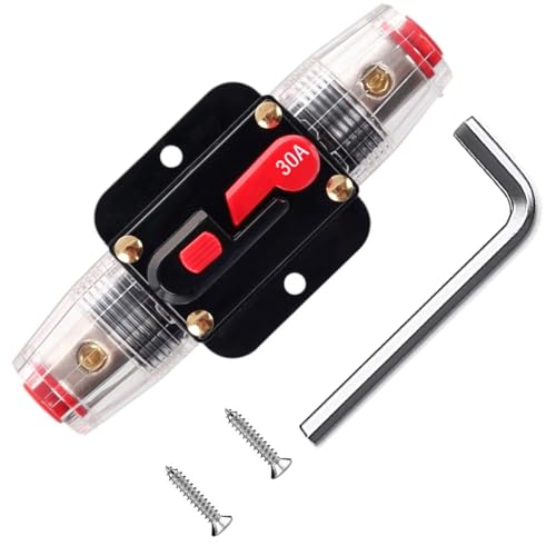 Greluma 1 Pieza Fusible de reinicio del disyuntor en línea de 30A, portafusibles de reinicio de 12V-24V DC con reinicio manual para protección del sistema de audio de barcos marinos automotrices