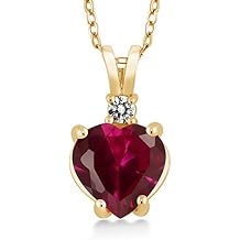 Gem Stone King 14K Yellow Gold Red Created Ruby and White Diamond Pendant Necklace For women | 2.25 Cttw | Heart Shape 8MM | With 18 Inch Chain | Fine Jewelry Gifts for Women Mom Wife Her