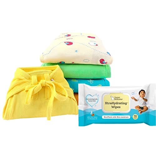 BASIC Cotton Nappy with SuperBottoms XtraHydrating™ Wipes-72 Pack | 100% Pure Softest Cotton | 3x Thicker Premium Wet wipes | 98% Pure Water, Ideal for sensitive skin | Birdy Boo - Pack of 5, Large